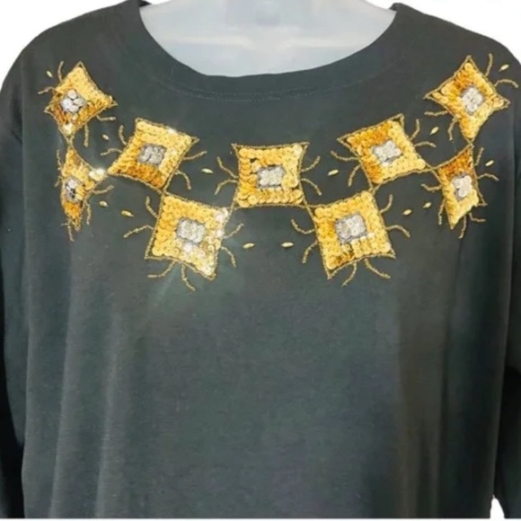 Vintage 90's Black T-Shirt Gold Beading Sequin Bob Mackie | Size Med See Photos - Picture 2 of 7